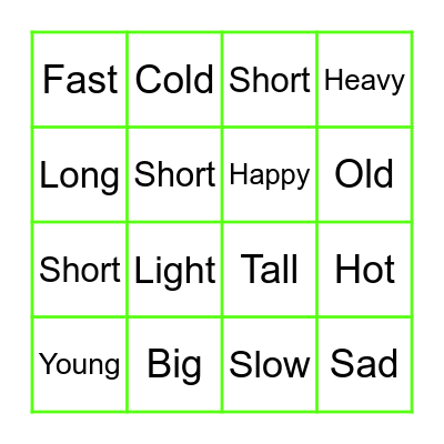 Adjectives Bingo Card