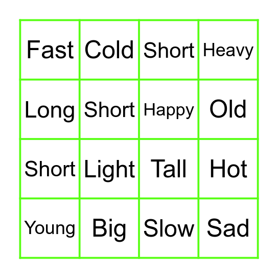 Adjectives Bingo Card