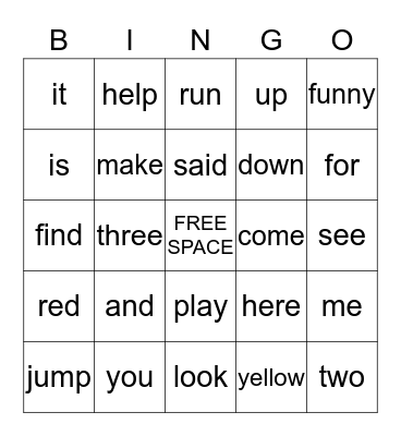Sight Word Bingo Card