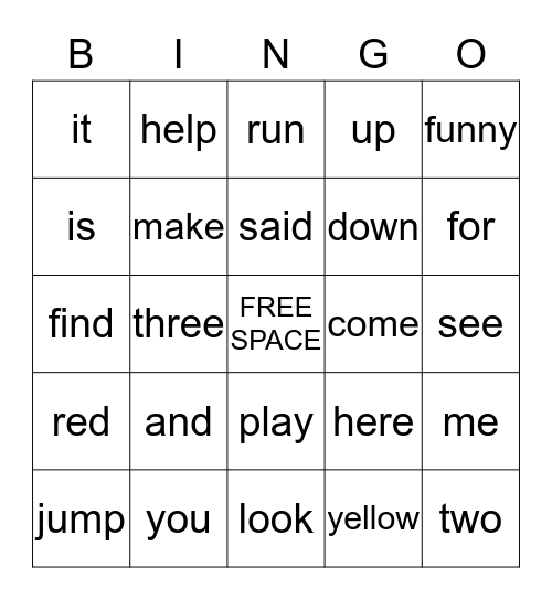 Sight Word Bingo Card