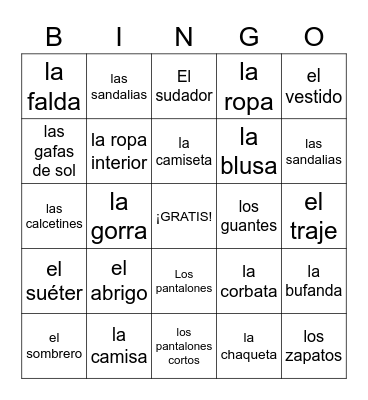 La Ropa Bingo Card