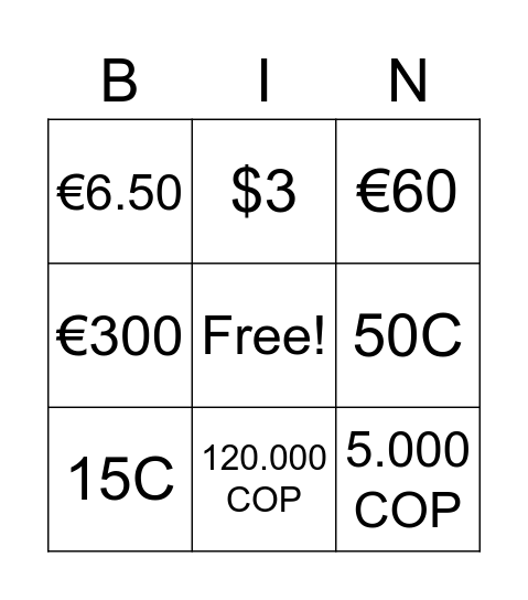 PRICES Bingo Card