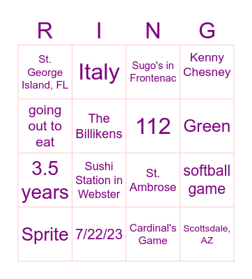 Tori and Jacob "Ring"-o Bingo Card