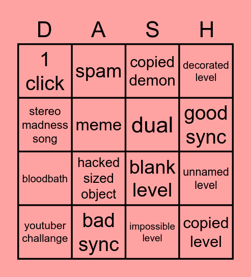 Recent Tab Dash Bingo Card