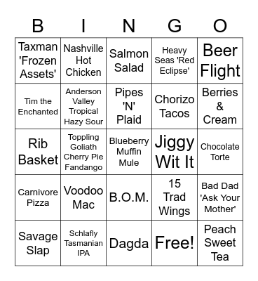 Tap - Free Meal Bingo Card