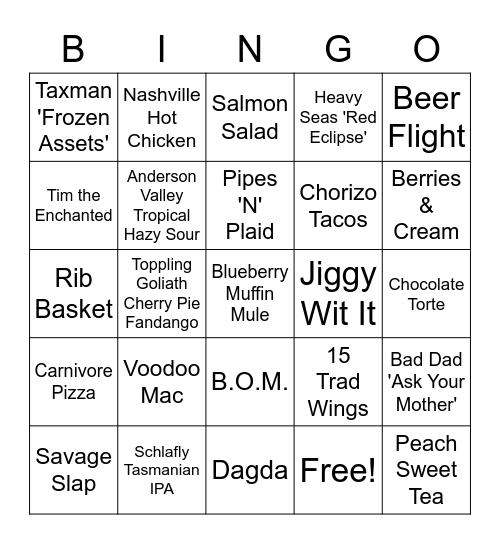 Tap - Free Meal Bingo Card