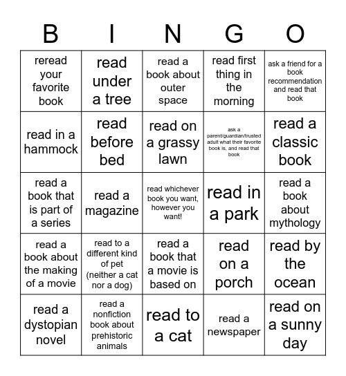 Summer Reading Challenges Bingo Card