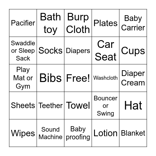 Baby Shower Gifts Bingo Card