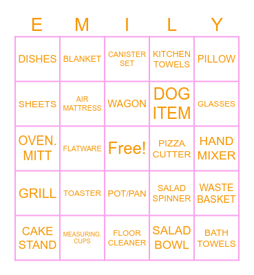 Emily's Bridal Shower Bingo Card