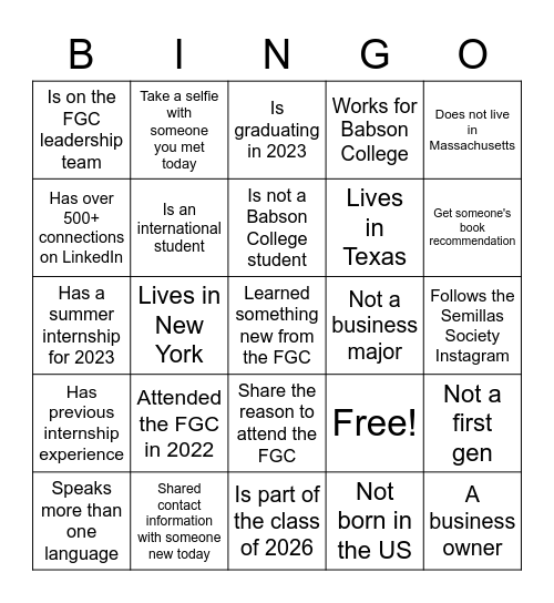 First Generation Conference 2023 Bingo Card