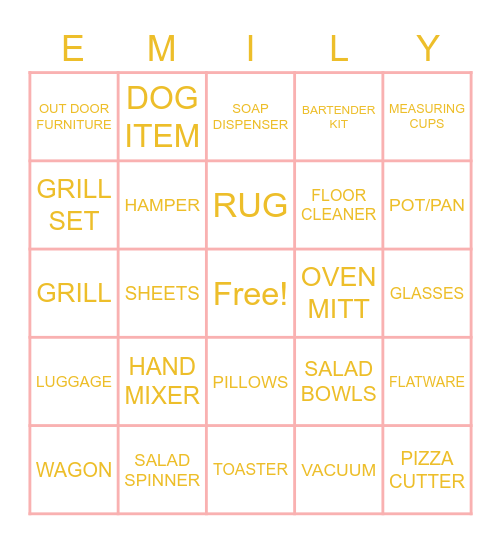 Emily's Bridal Shower Bingo Card