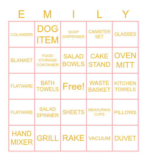 Emily's Bridal Shower Bingo Card
