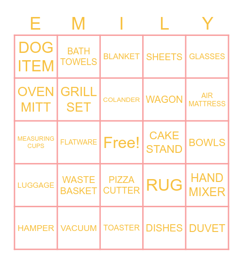 Emily's Bridal Shower Bingo Card