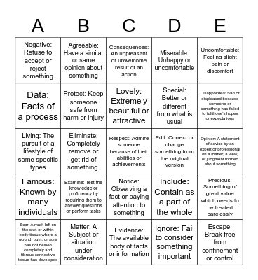 DEFINITIONS 2023 BINGO Card
