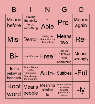 Prefixes and Suffixes Bingo Card