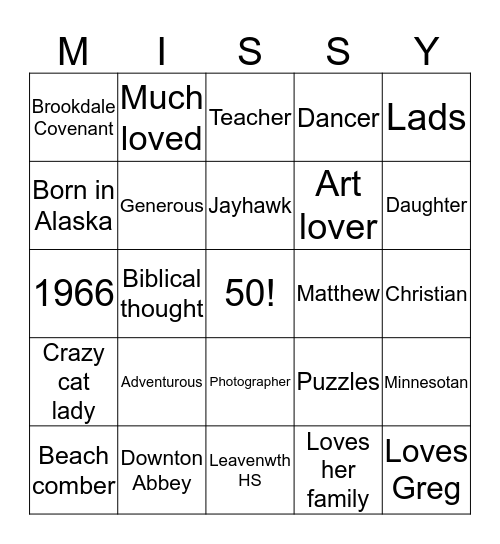 Missy Bingo Card
