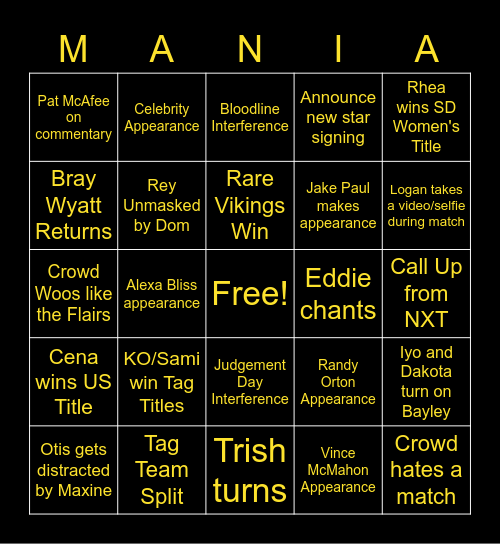 Wrestlemania Night 1 Bingo Card