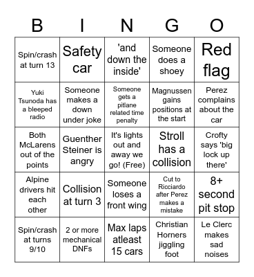 F1 Bingo Card