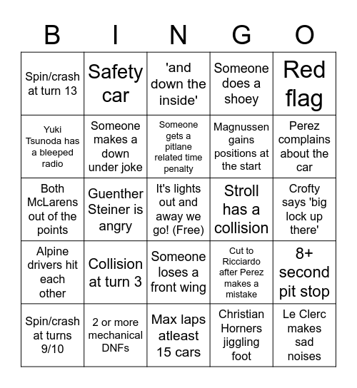 F1 Bingo Card