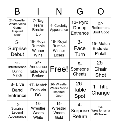 Wrestlemania Bingo Card