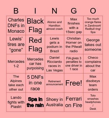F1 2023 Bingo Card