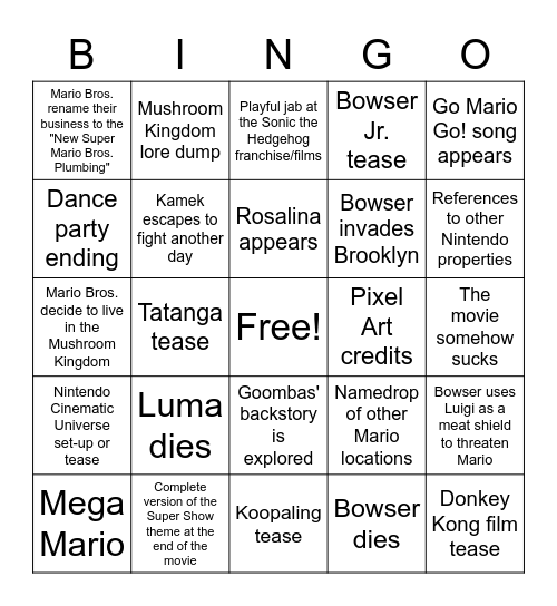 The Super Mario Bros. Movie Bingo (4/1/2023) Bingo Card