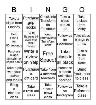 Transform January Bingo Challenge Bingo Card