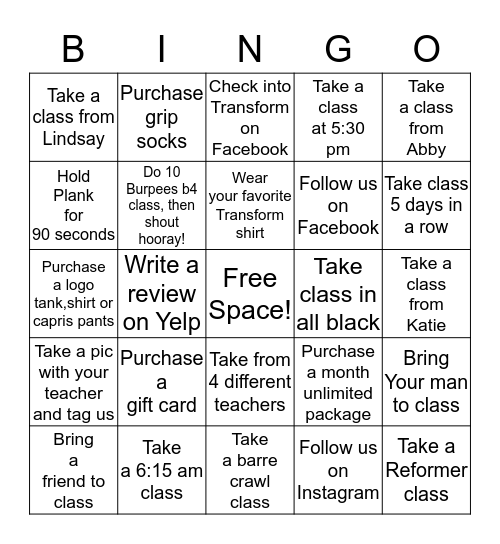 Transform January Bingo Challenge Bingo Card