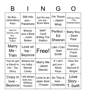 Love Song Bingo Card