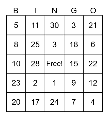 Number Bingo Card