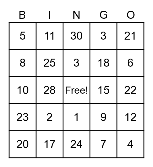 Number Bingo Card