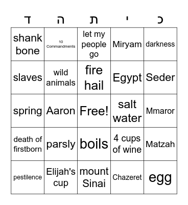 פֶּסַח בִּינְגוֹ Bingo Card