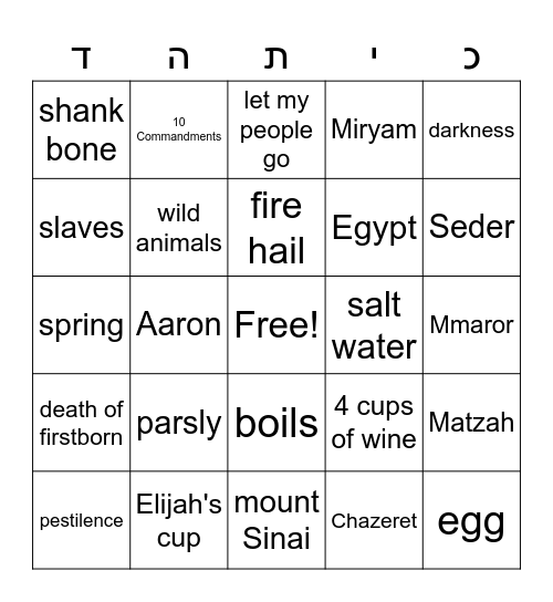 פֶּסַח בִּינְגוֹ Bingo Card