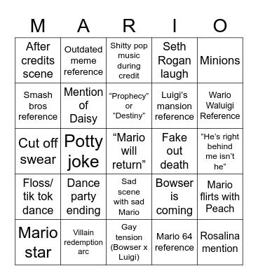 Mario Movie Predictions Bingo Card
