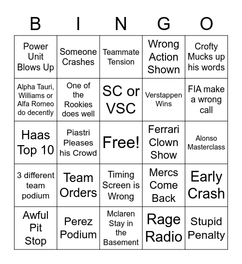 Aussie Bingo Card