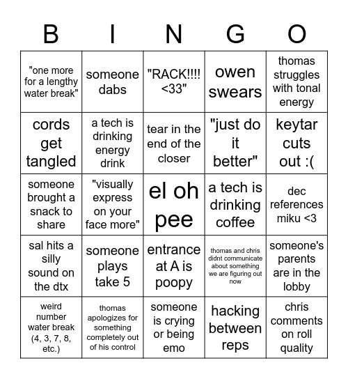 rehearsal bingo Card