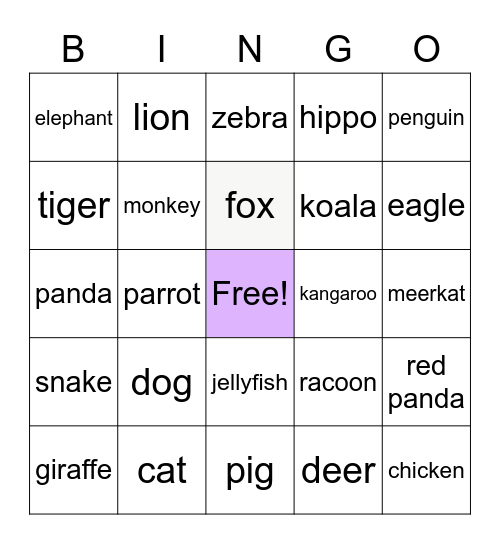 animal bingo Card