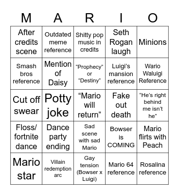 Mario Movie Predictions Bingo Card