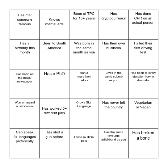 TPC Signature Bingo Card