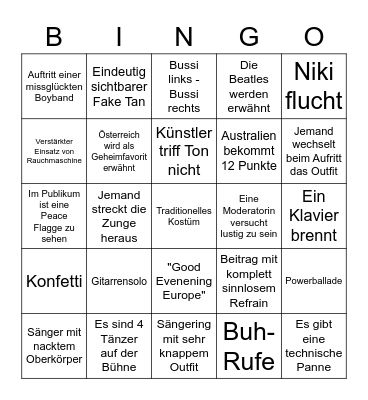 Eurovision Bingo Card