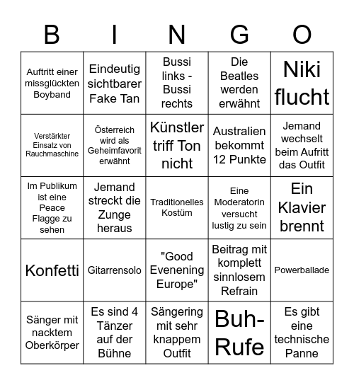 Eurovision Bingo Card