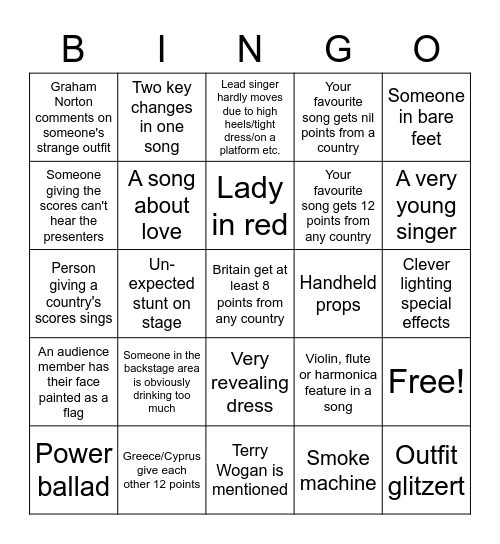 Eurovision Bingo Card