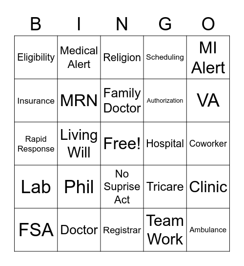 Patient Access Bingo Card