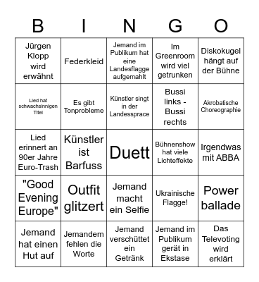 Eurovision Bingo Card