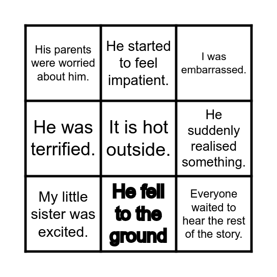 Show not Tell Bingo Card