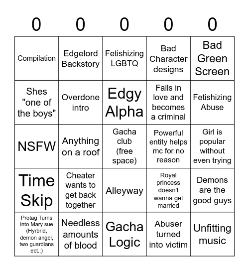 Gacha Stereotype Bingo Card