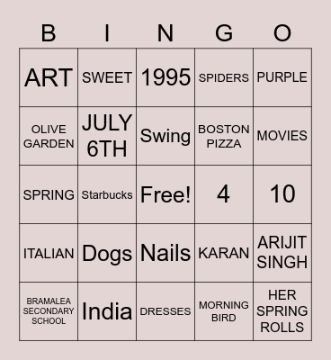 Tarans Bridal Bingo Card