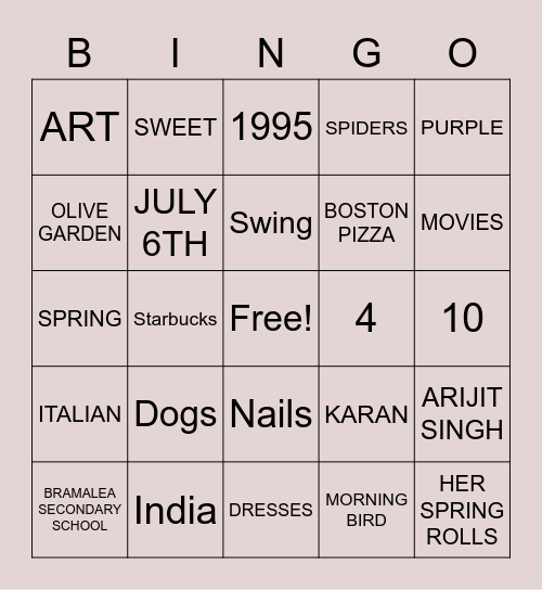 Tarans Bridal Bingo Card