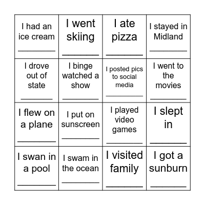 Spring Break Bingo Card