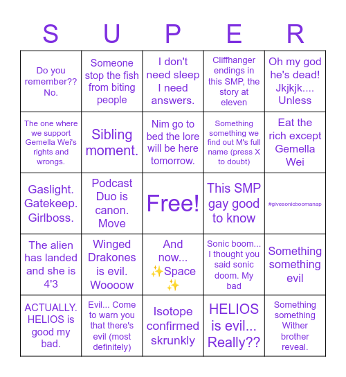 Duality SMP Bingo Card